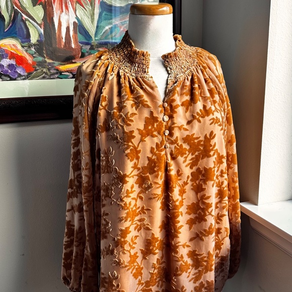 Cut Velvet Amber Colored Peasant Style Smock Top Blouse - S - Picture 7 of 10